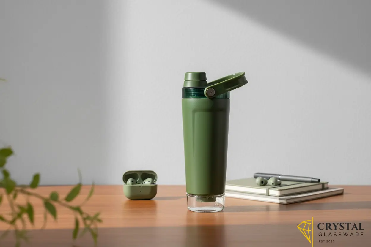 Stainless steel protein shaker bottle with a powder storage compartment at the base